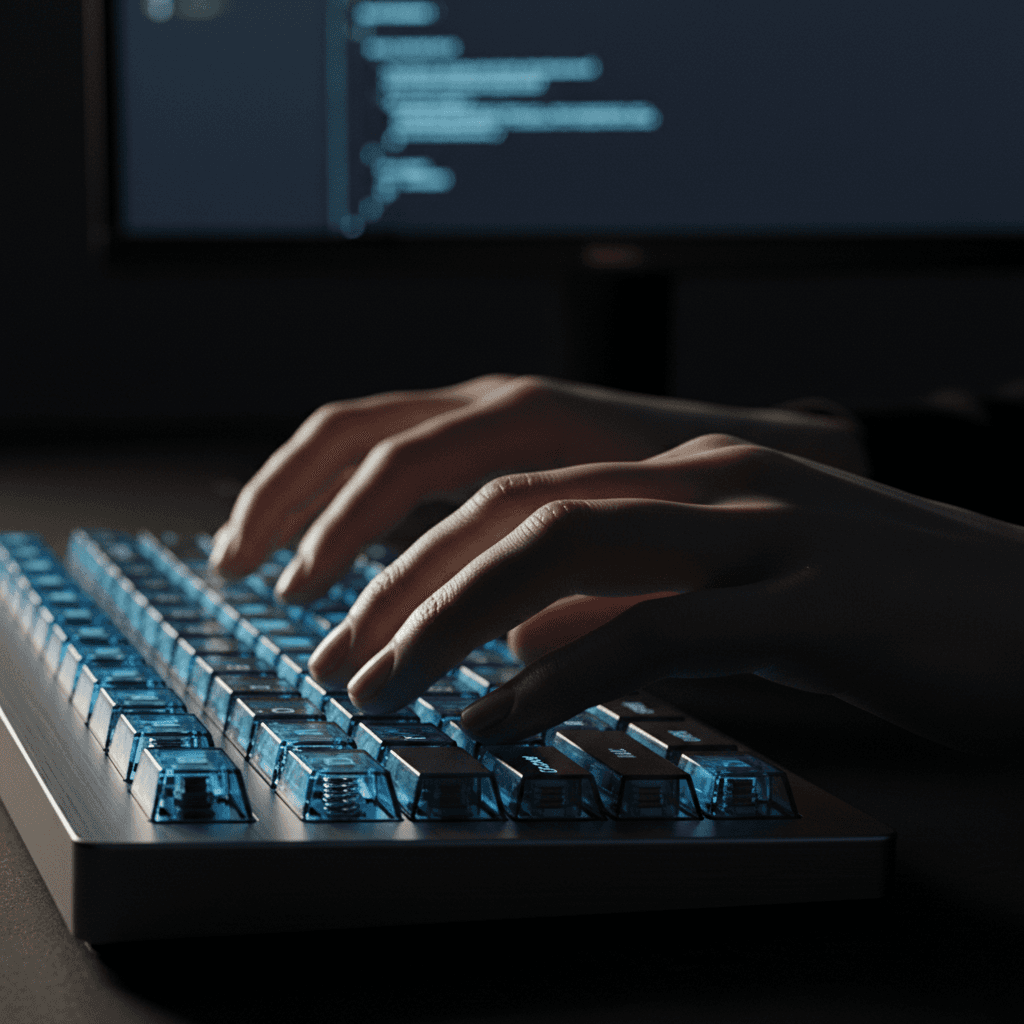 Developer typing code on keyboard with monitor in background