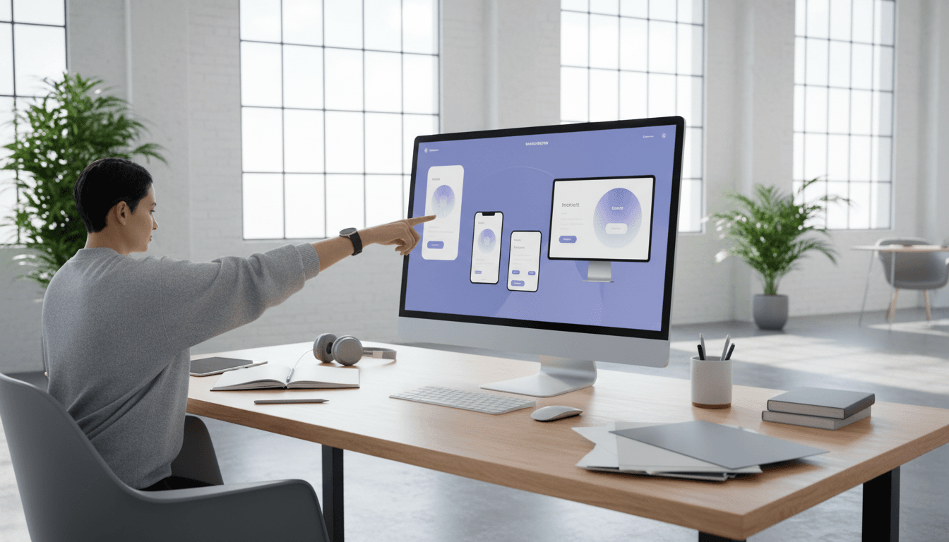 Designer reviewing product interface on desktop monitor in bright workspace